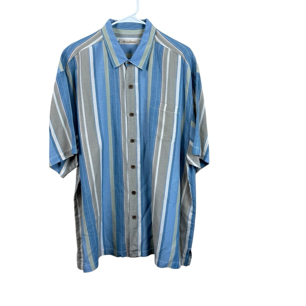 Tommy Bahama Shirt Mens XLX Blue Tan Striped Linen Tencel Button Up Short Sleeve